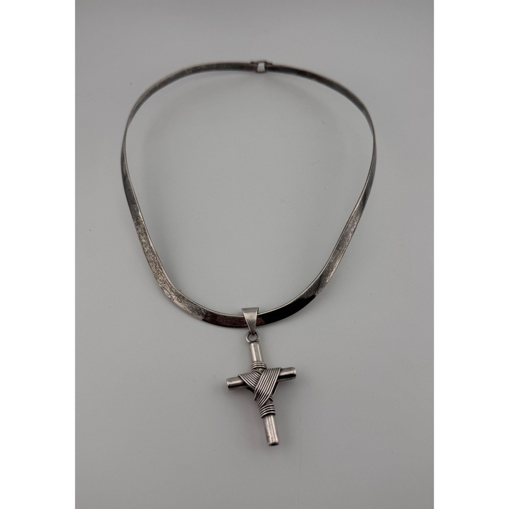 Sterling Silver 925 Torque Mexican Cross Pendant Necklace Choker Style